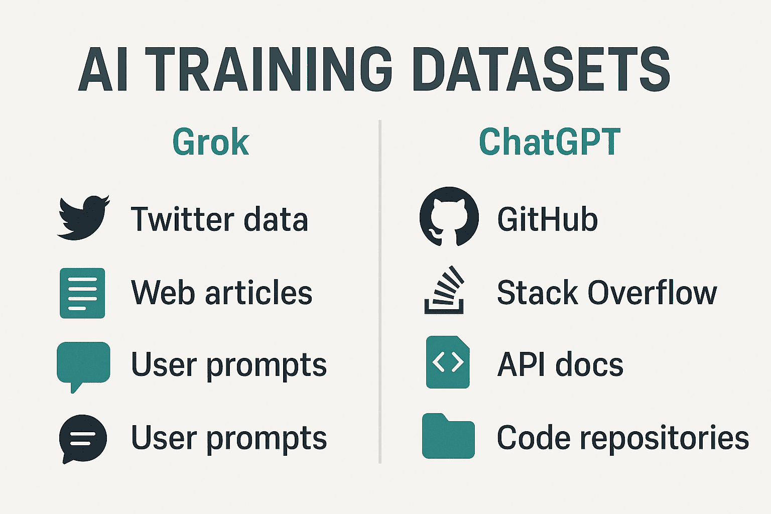 Comparison of training datasets for Grok (Twitter, Web) and ChatGPT (GitHub, Stack Overflow).