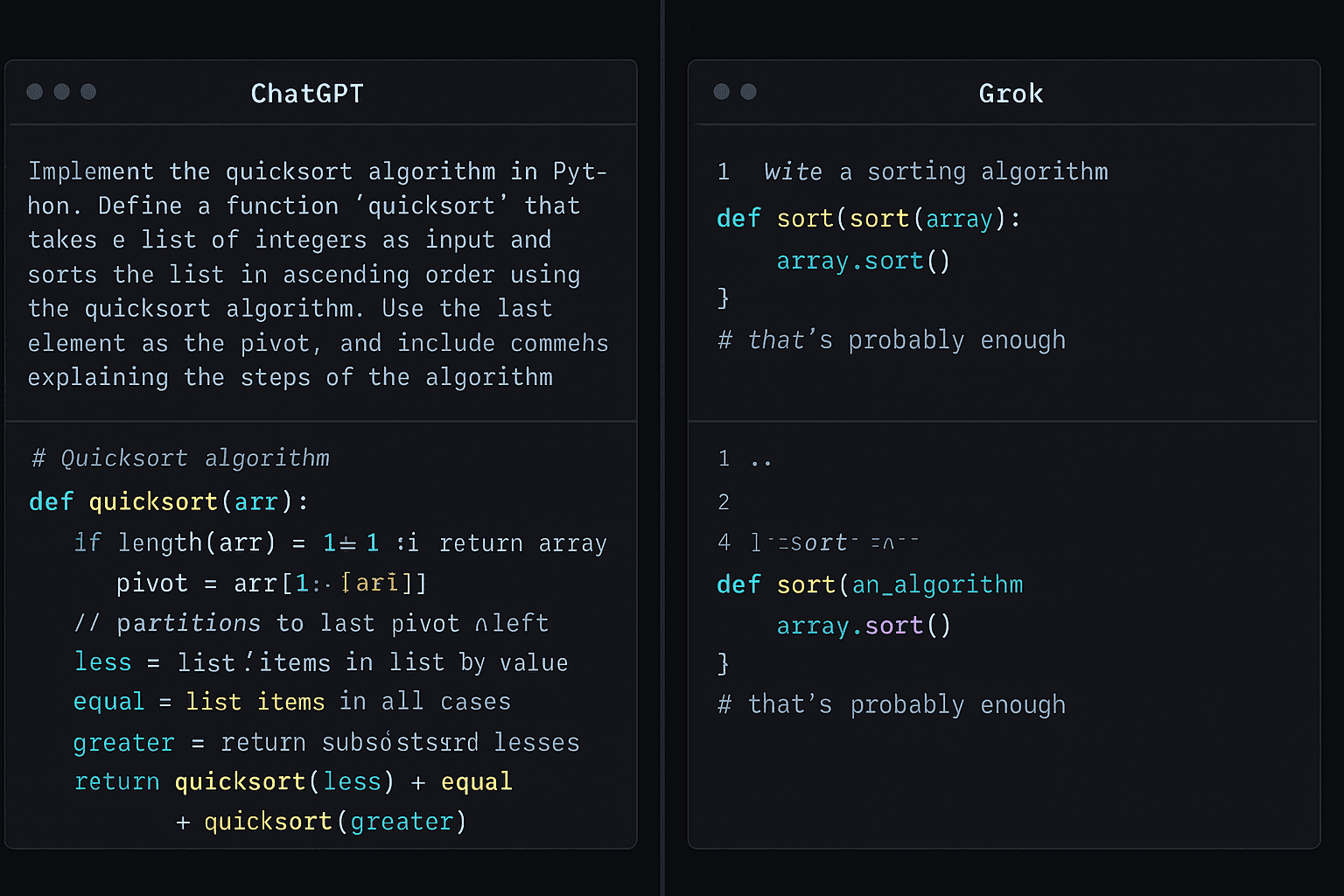 Comparison of Grok’s simple sorting code and ChatGPT’s detailed Quicksort algorithm.