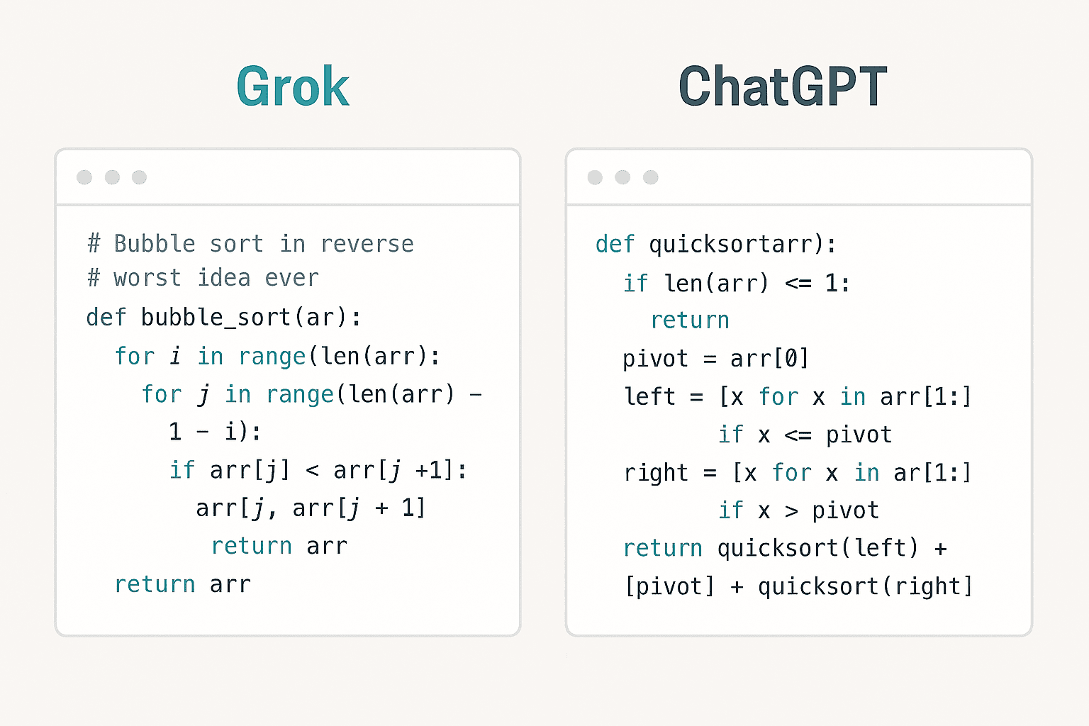 Grok’s humorous bubble sort code vs ChatGPT’s efficient quicksort implementation.