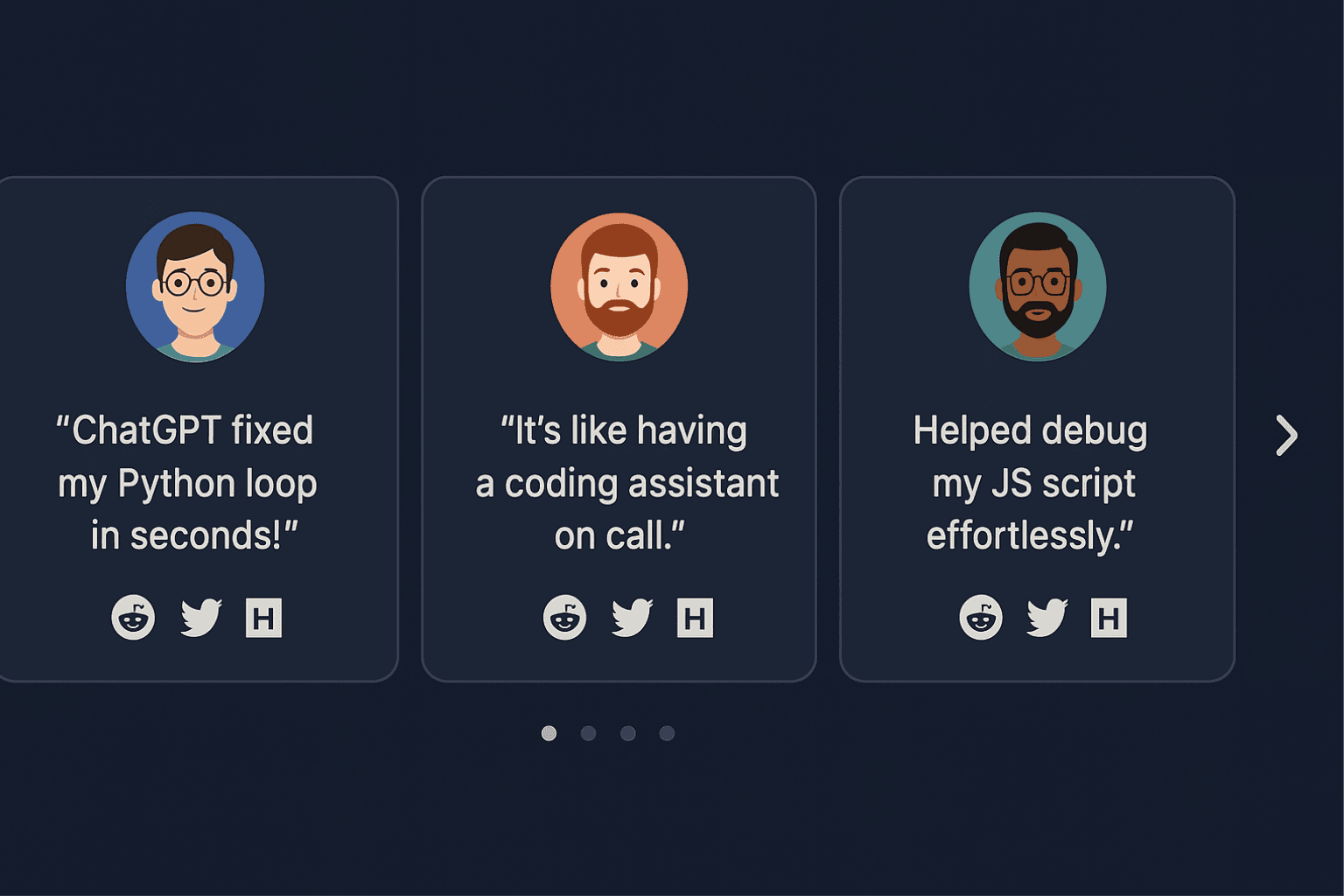 Testimonial carousel with three developers sharing their positive experiences with ChatGPT fixing Python, JS, and coding tasks.