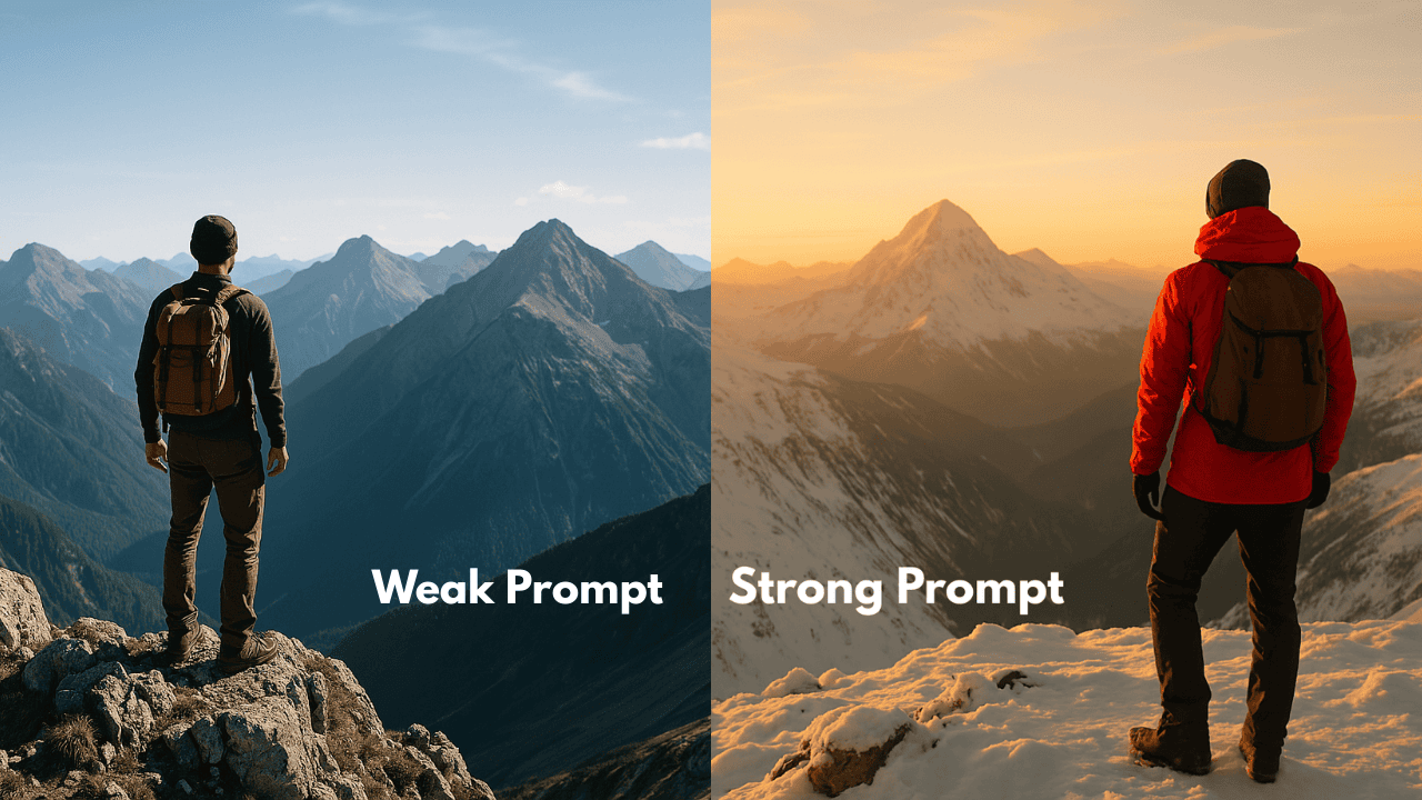 AI-generated image showing a man on a mountain (weak prompt) vs. a hiker in red on a snowy peak at sunrise (strong prompt).