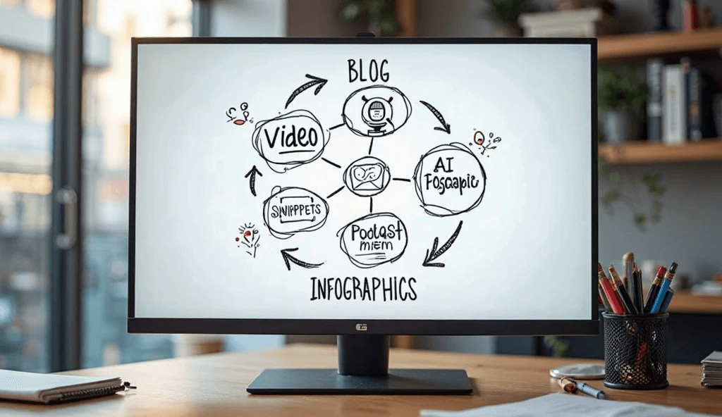 Realistic view of AI repurposing tools being used in a modern content creator’s setup.