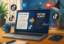 7 AI Tools to Instantly Convert Blog Posts into Viral TikTok Scripts (2025) AI tools converting blog posts into viral TikTok scripts on a laptop with trending sounds and engagement icons.