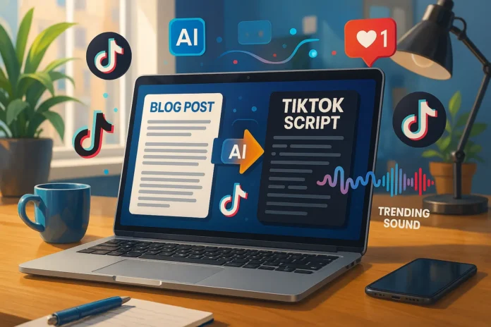 AI tools converting blog posts into viral TikTok scripts on a laptop with trending sounds and engagement icons.