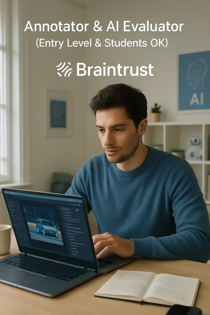 Annotator, AI Evaluator (Entry Level & Students OK) freelance remote job at Braintrust, person working on AI data annotation at home.