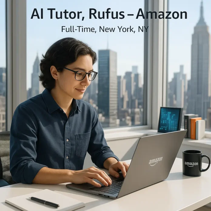 AI Tutor Rufus Amazon job in New York, professional working on a laptop in a modern office with city skyline view.