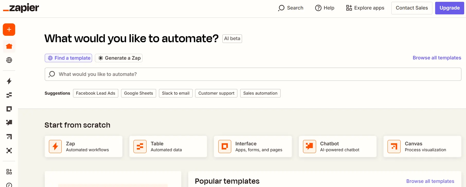 Zapier dashboard for automating AI workflows, including TikTok script and blog repurposing.