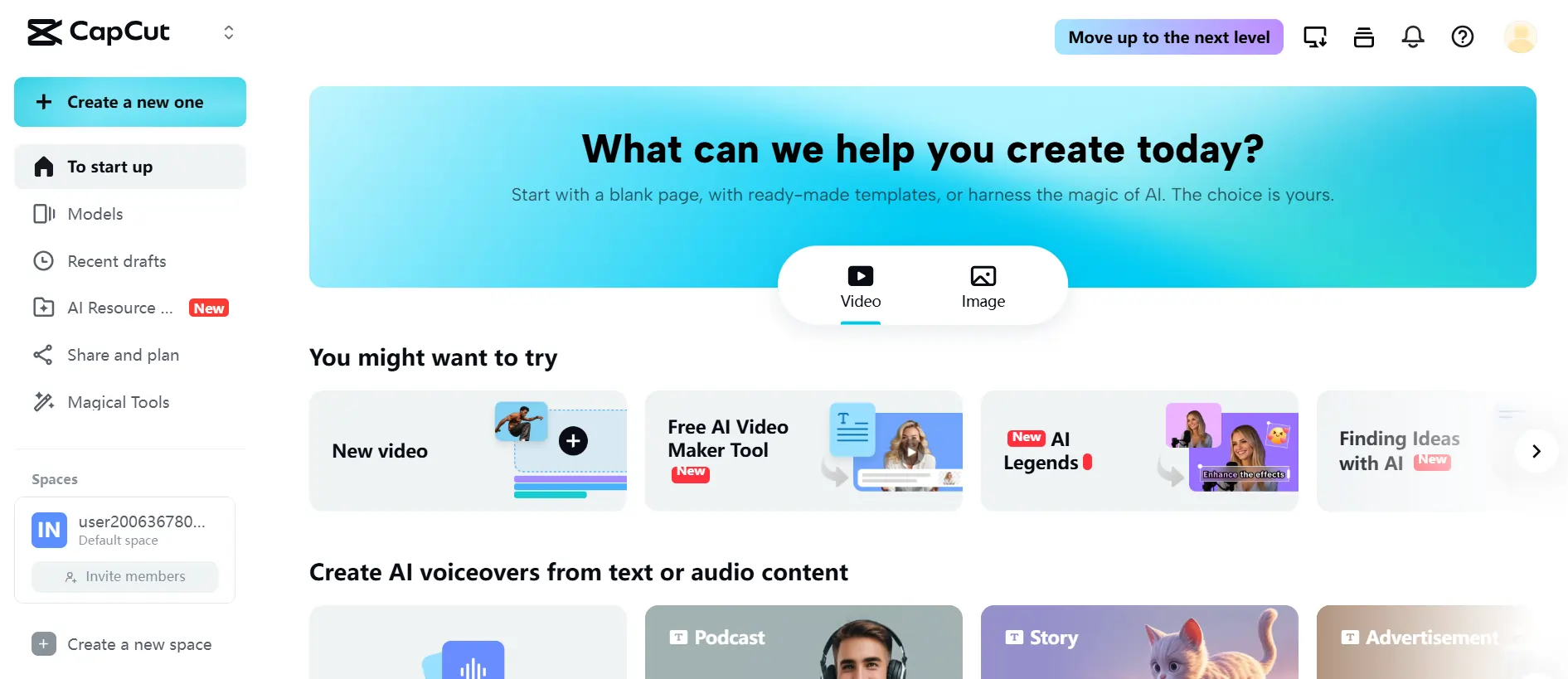 CapCut dashboard with AI video maker, templates, and content creation tools for TikTok videos.