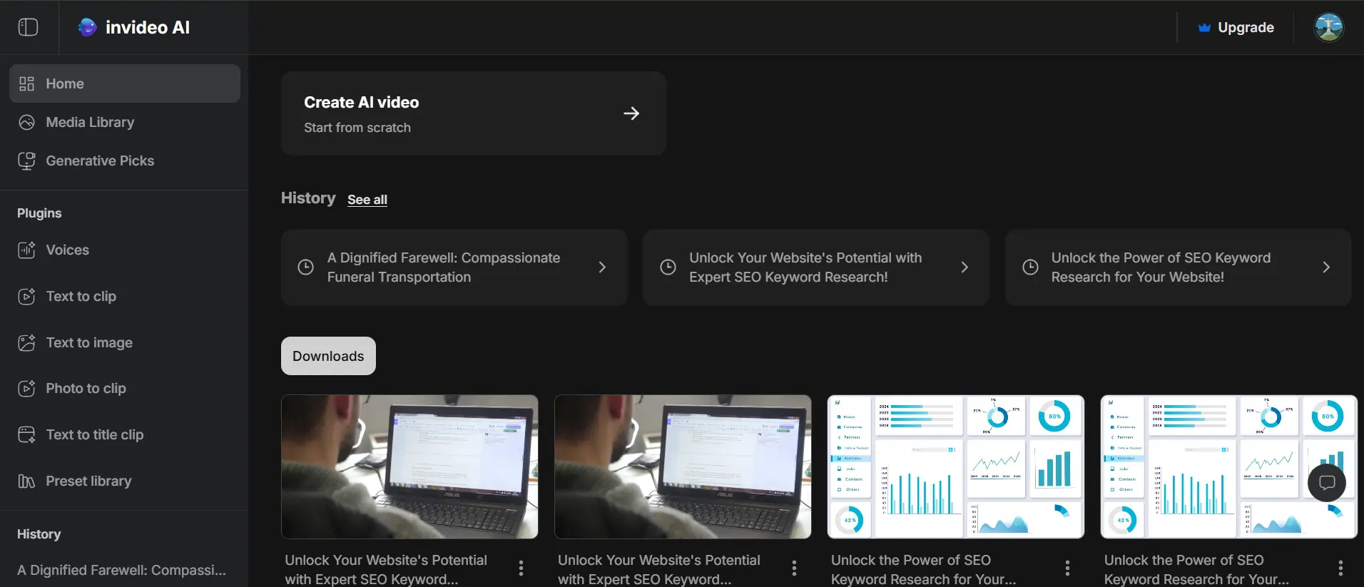 Invideo AI dashboard for creating AI-powered videos and repurposing blog content for social media.