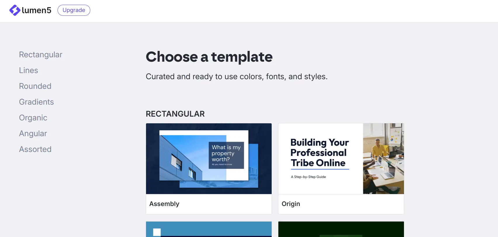 Lumen5 dashboard showing video template options for converting blogs to social media videos.
