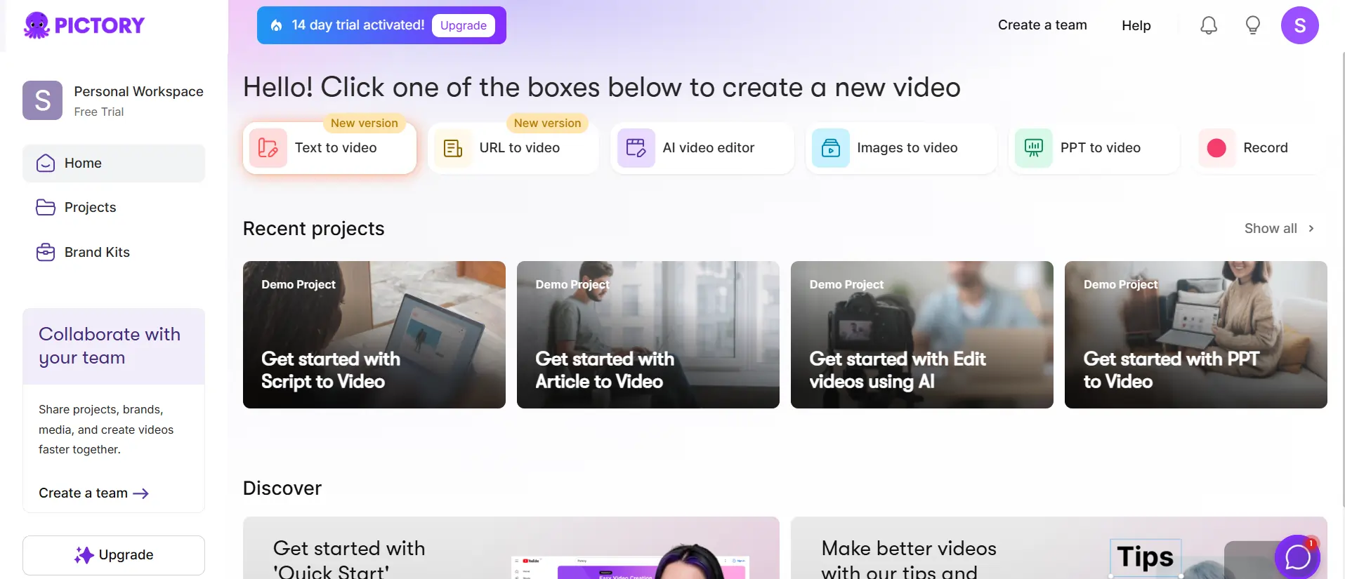 Pictory dashboard with AI video creation options for transforming articles into TikTok scripts.