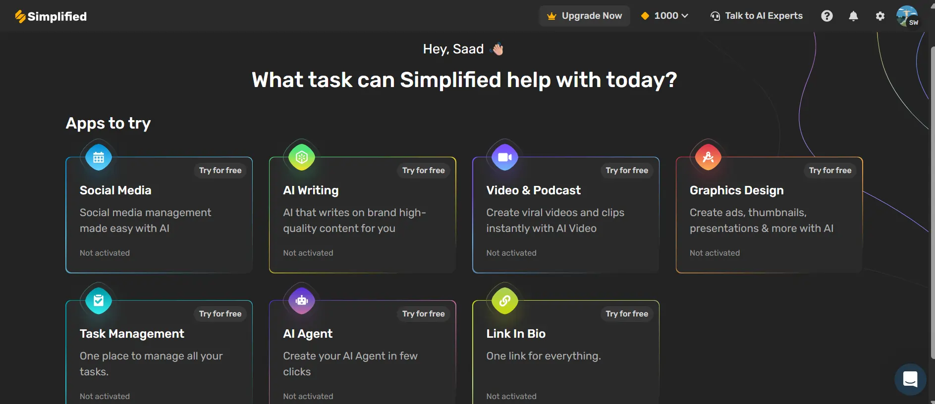 Simplified dashboard showing AI tools for social media, writing, video, and graphics design.