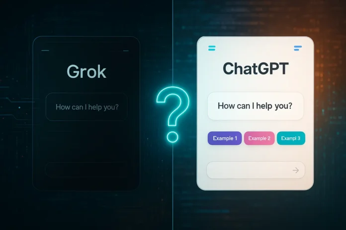 Side-by-side comparison of Grok and ChatGPT interfaces for coding tasks, highlighting their unique features and design aesthetics.
