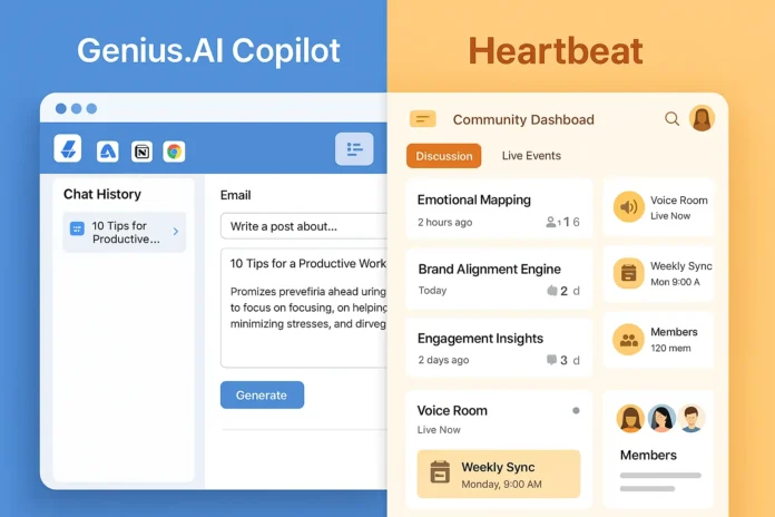 Side-by-side comparison of Genius.AI Copilot's email composer and Heartbeat's community dashboard, highlighting key features.