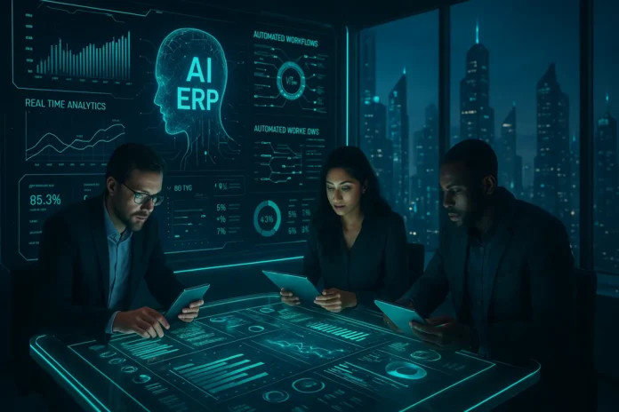 AI-driven ERP systems future of Nusaker: futuristic digital workspace with diverse professionals analyzing real-time data on holographic dashboards.