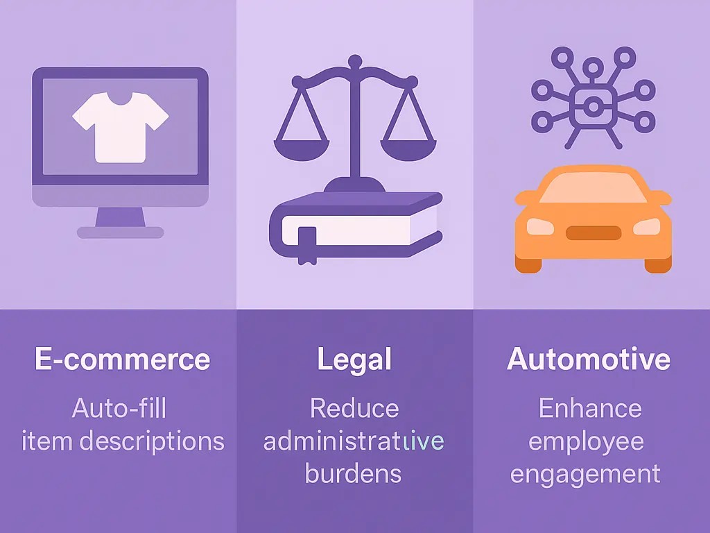 AI applications in E-commerce, Legal, and Automotive: Auto-filling descriptions, reducing administrative burdens, enhancing employee engagement.