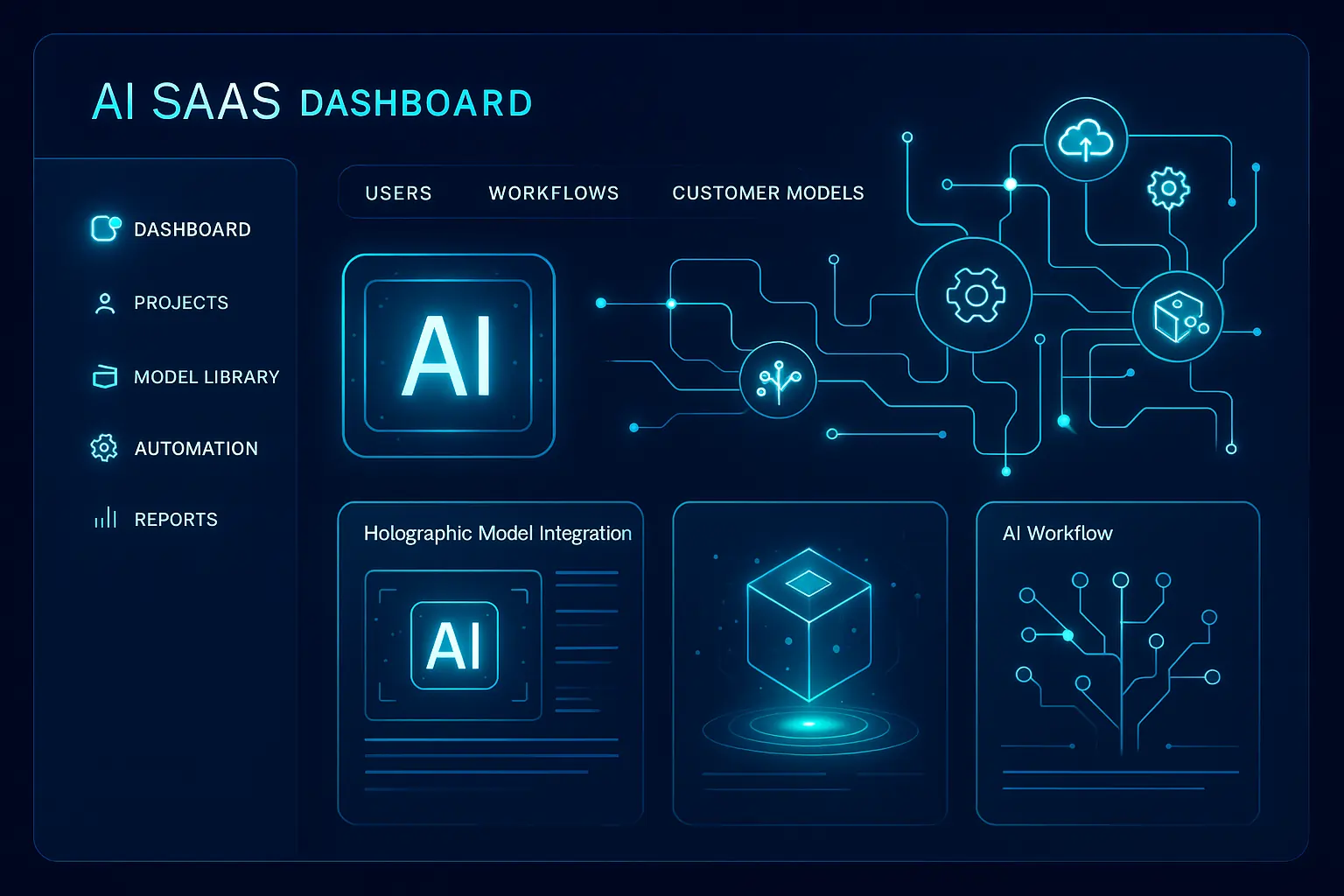 AI SaaS dashboard with machine learning workflows and automation tools.