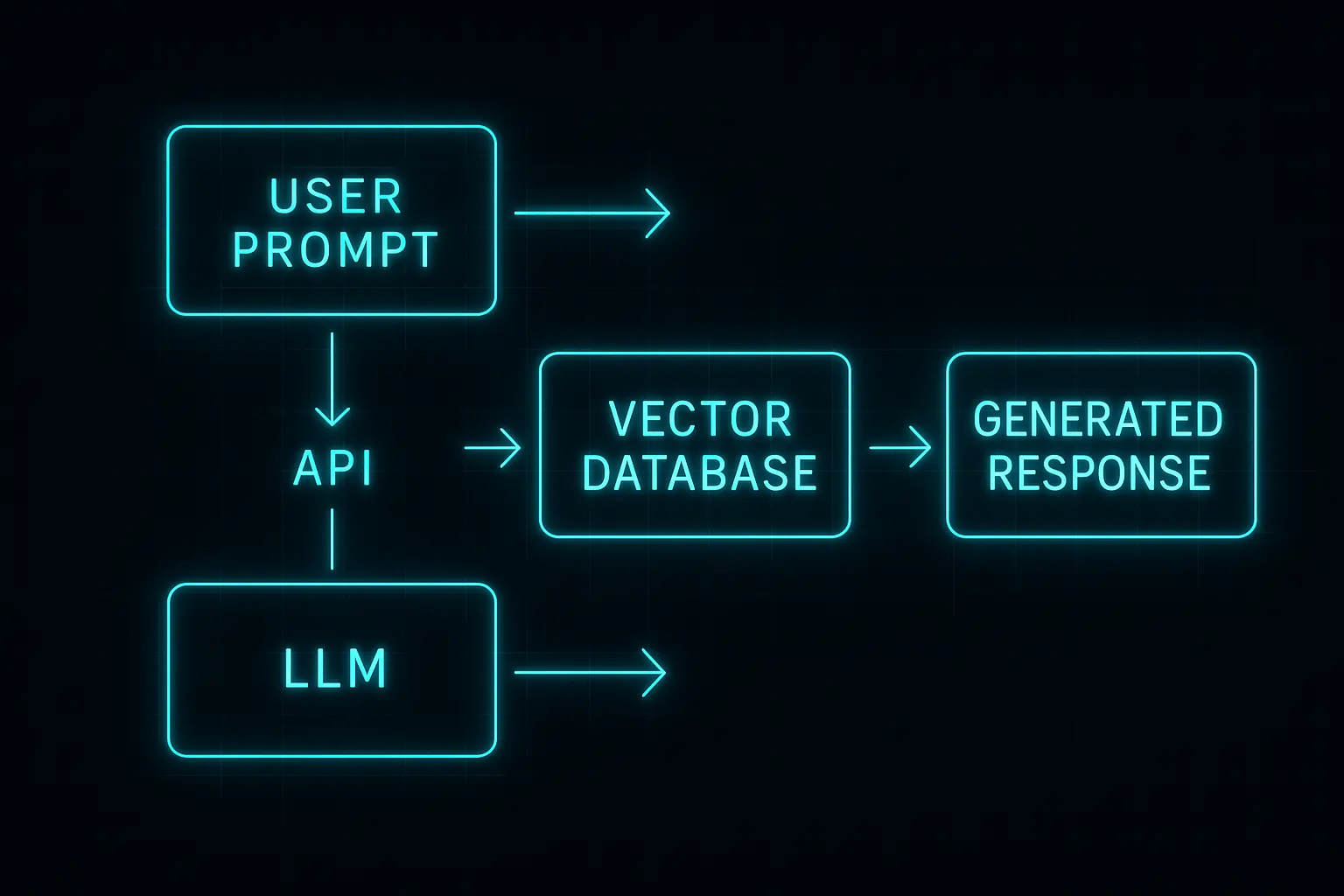 LLM integration process with input processing, context retrieval, model inference, and output formatting flow