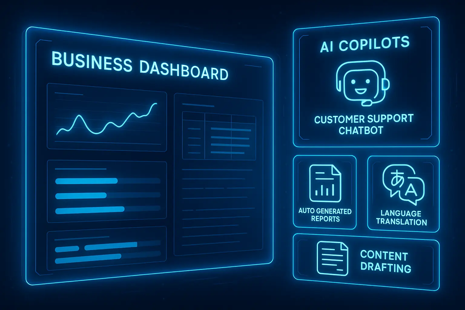 AI business dashboard with copilots for customer support, auto reports, language translation, and content drafting
