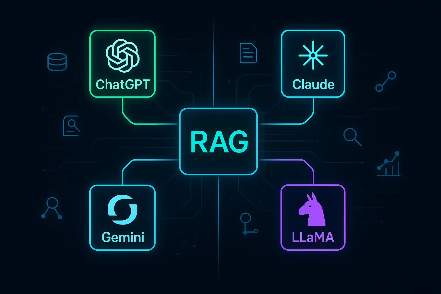 RAG integration network connecting ChatGPT, Claude, Gemini, and LLaMA models for enhanced LLM performance