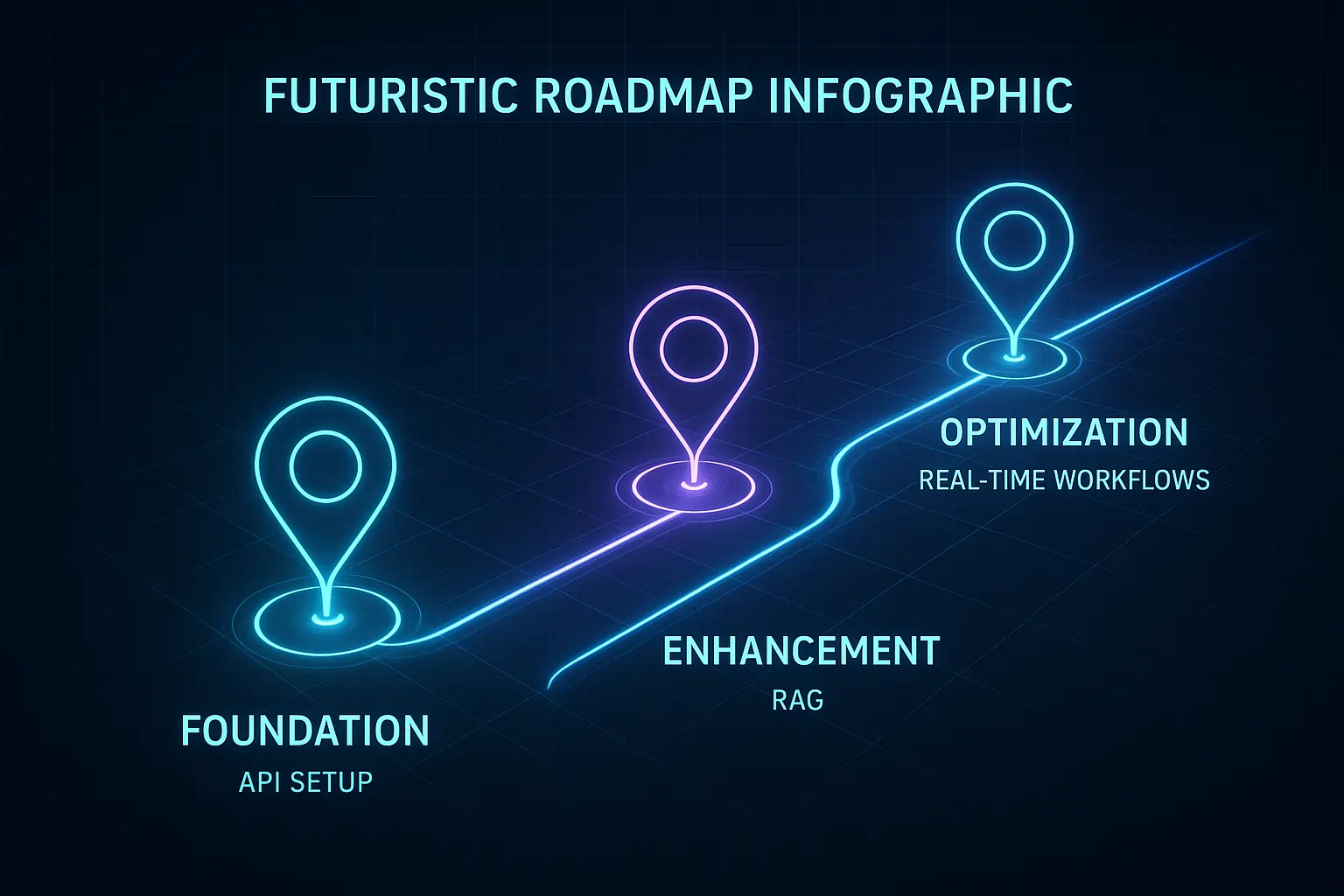 Futuristic roadmap infographic showing foundation API setup, RAG enhancement, and real-time optimization milestones