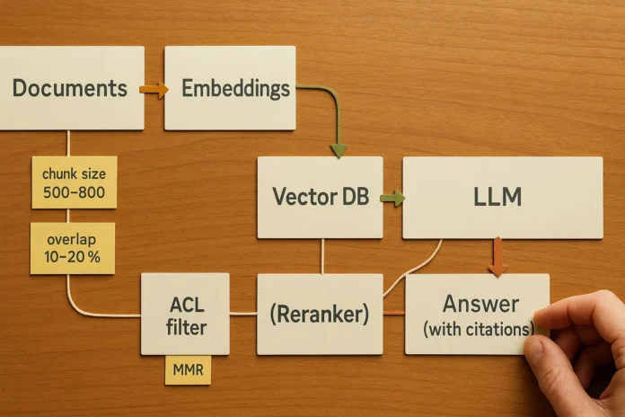 RAG workflow: documents, chunks, embedding model, vector database, retriever/reranker, LLM, cited answers.
