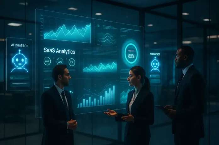 AI Solutions for SaaS Providers with futuristic dashboards and professionals using advanced analytics tools.