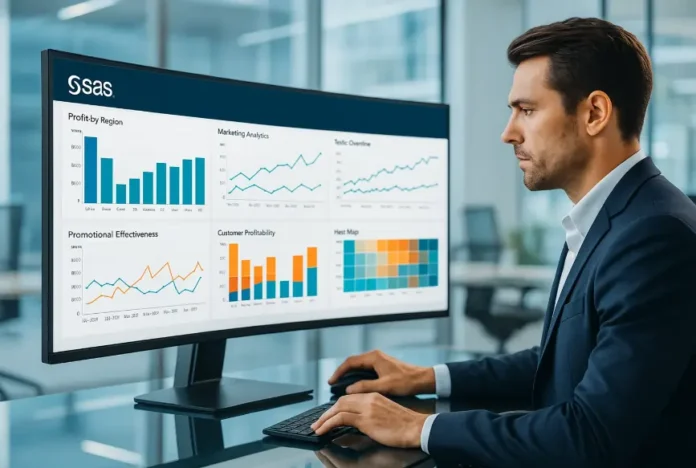 Professional analyst using SAS dashboard for data visualization SAS with bar charts, line graphs, and heat maps.