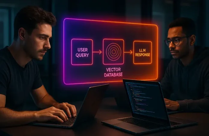 Developers Building Real-Time LLM Integration Workflow Developers working on laptops with glowing RAG pipeline visual, showing LLM integration workflow in a modern workspace.