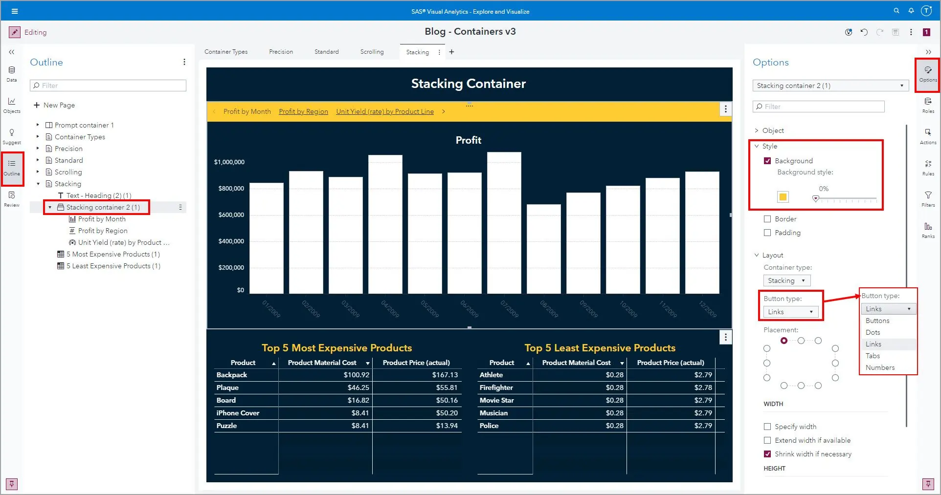 SAS Visual Analytics container objects showing prompt, precision, scrolling, and stacking layouts for dashboards