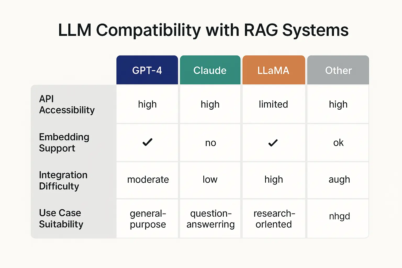 Comparison matrix of LLM models (GPT-4, Claude, LLaMA) and their compatibility with RAG based on API access, tokenization, and integration complexity.