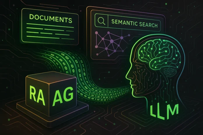 Illustration showing data flow between RAG and LLM, with semantic search leading to AI-powered responses.