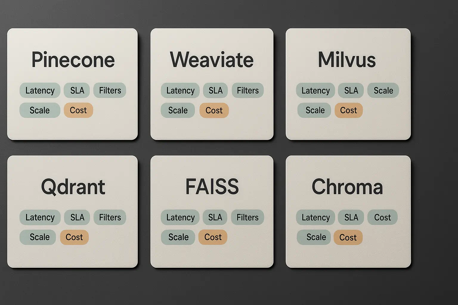 RAG vector database comparison: Pinecone, Weaviate, Milvus, Qdrant, FAISS, Chroma with latency, SLA, cost.