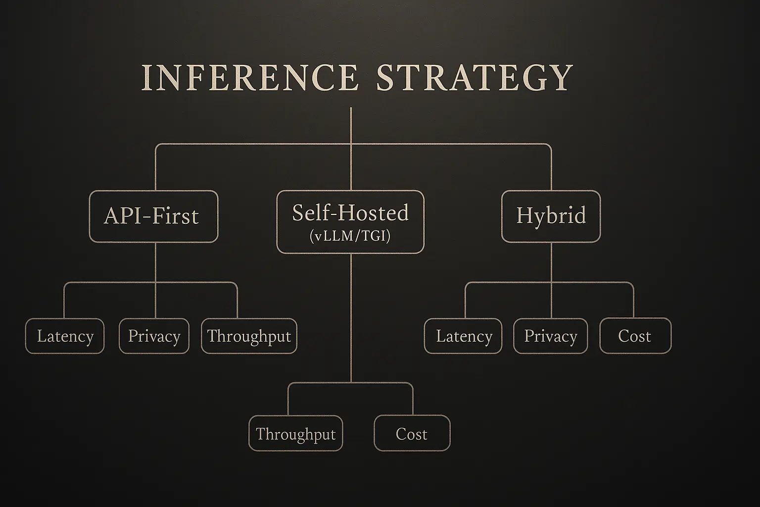 Inference strategy for LLMs: API-first vs self-hosted (vLLM/TGI) vs hybrid, with latency, privacy and cost factors.