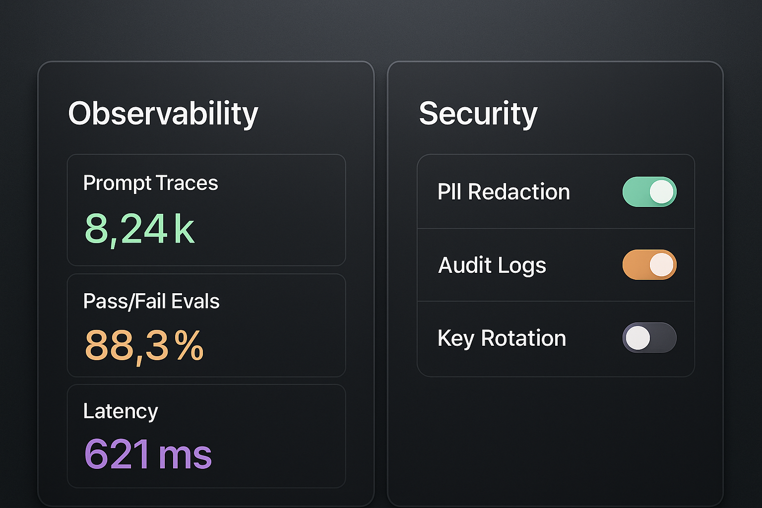 LLM observability and security dashboard with prompt traces, eval metrics, PII redaction, audit logs, key rotation.