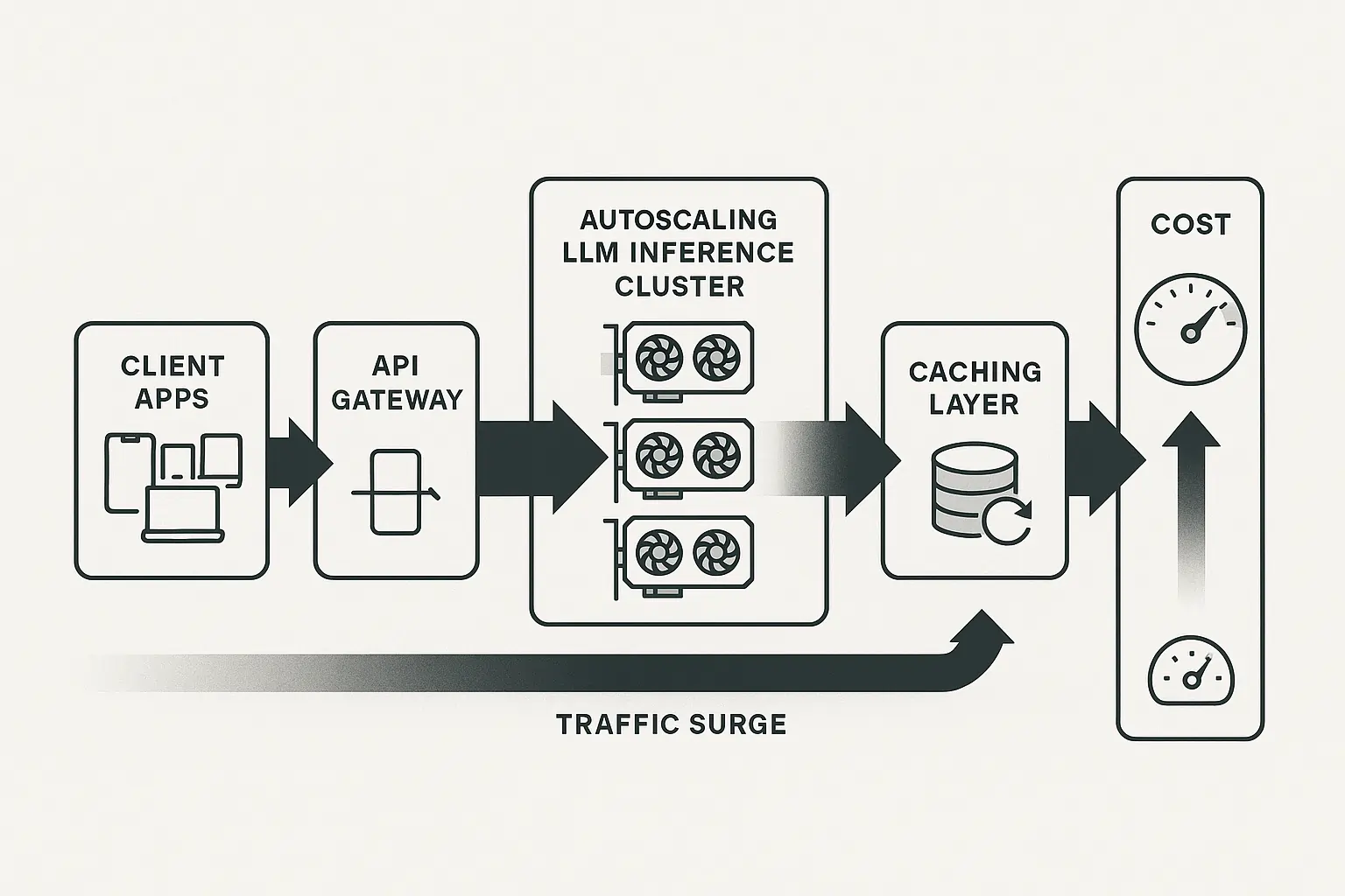Architecture diagram of LLM inference with autoscaling GPUs, caching, monitoring, and backups driving infrastructure costs.