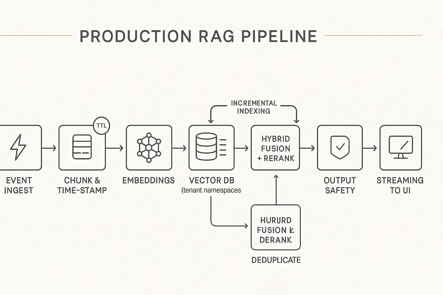 RAG freshness pipeline with time-aware chunks, TTL, hybrid search (BM25+vector), rerank, and safe generation