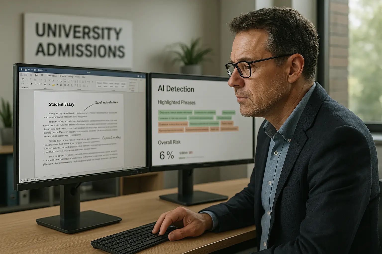 Admissions counselor using AI detector dashboard to review college essay authenticity.