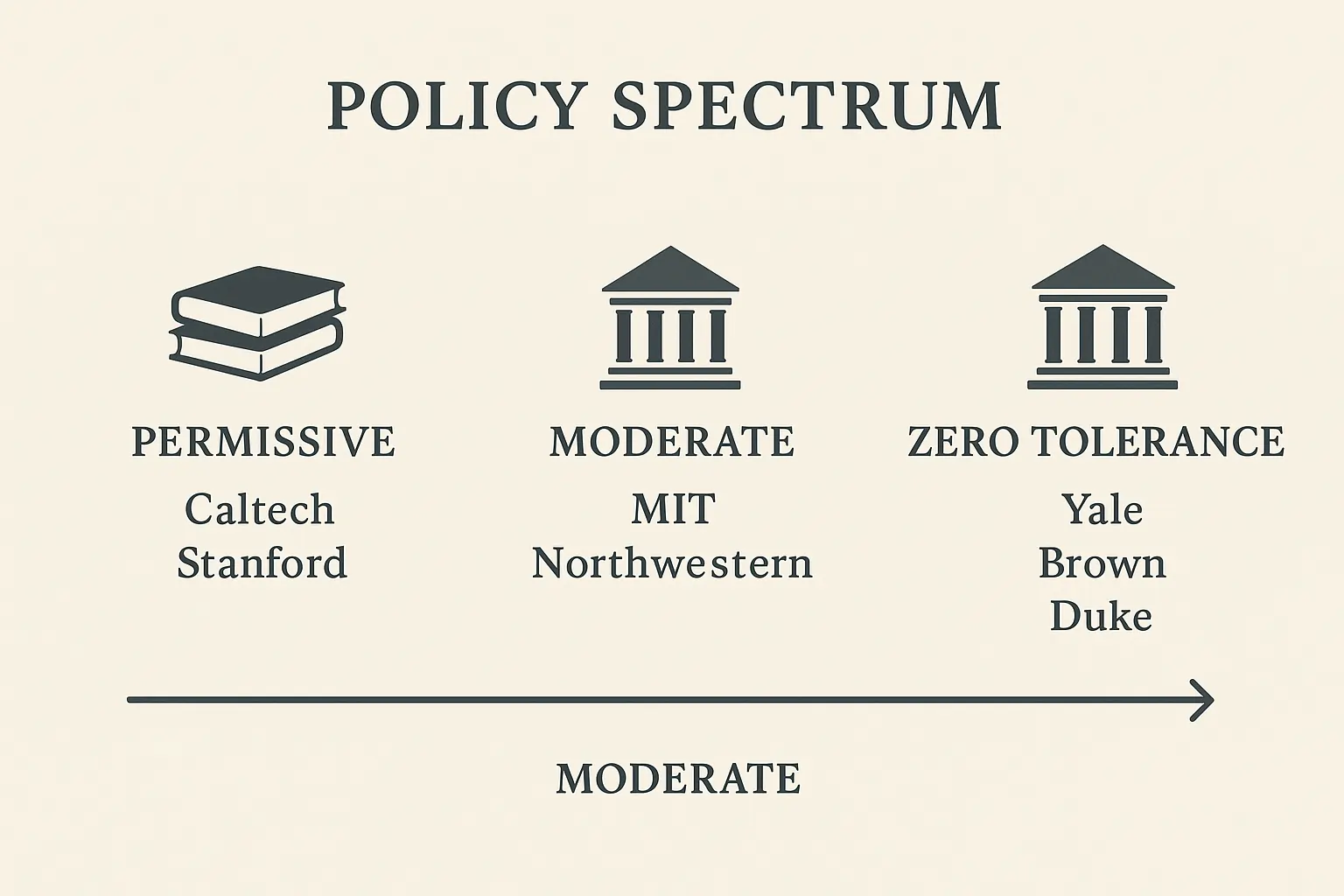 Policy spectrum infographic comparing college rules on AI in essays.