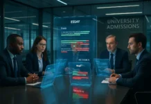 Do Colleges Check for AI in Application Essays? 2025 Guide Do colleges check for AI in application essays with futuristic admissions officers reviewing holographic essay analysis.