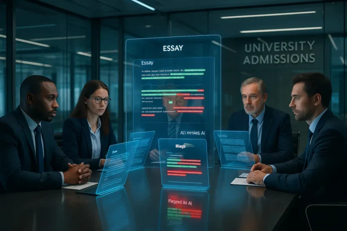 Do colleges check for AI in application essays with futuristic admissions officers reviewing holographic essay analysis.