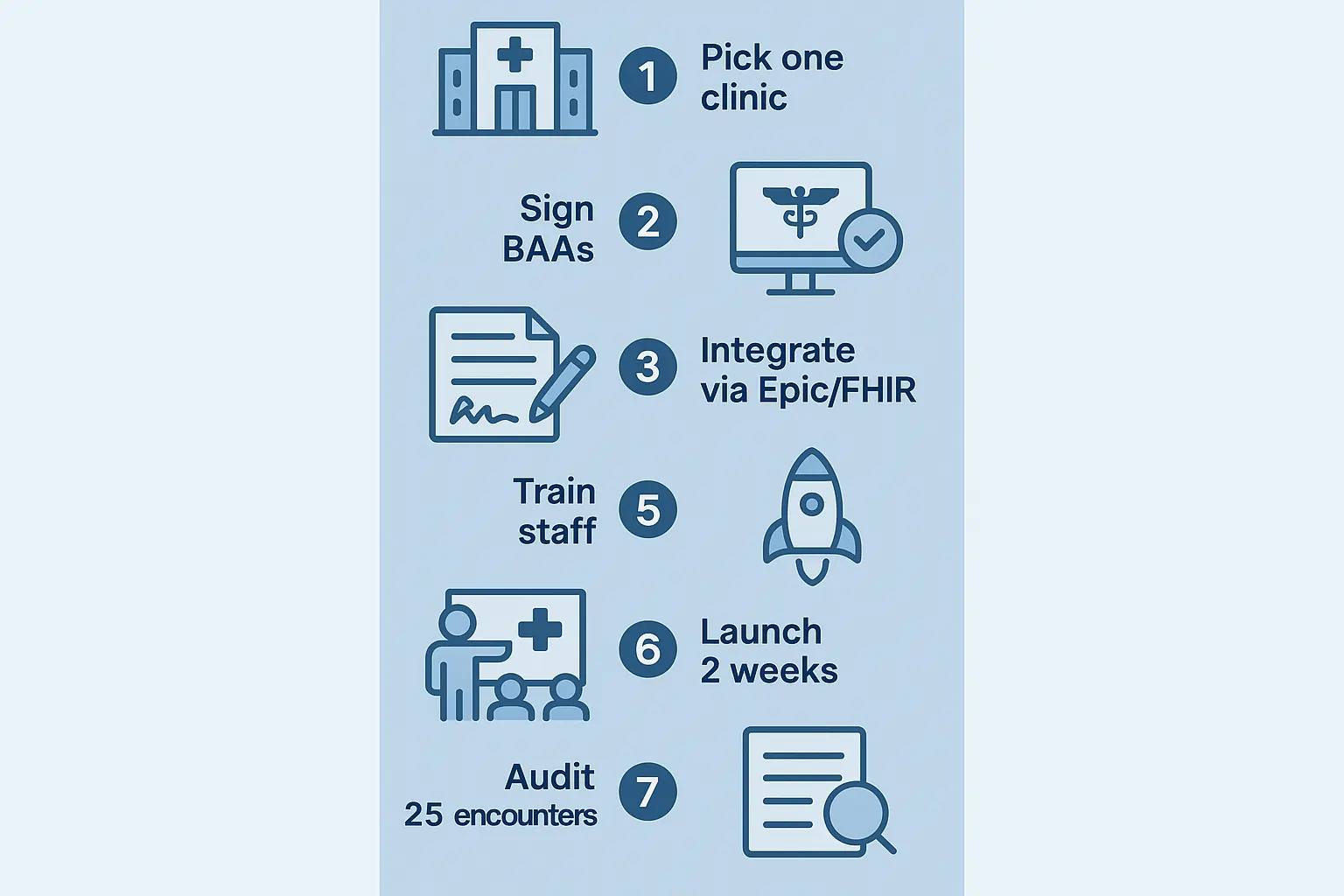 HowTo rollout: choose clinic, BAA, FHIR/Epic integration, train, launch, audit 25 cases, review and expand