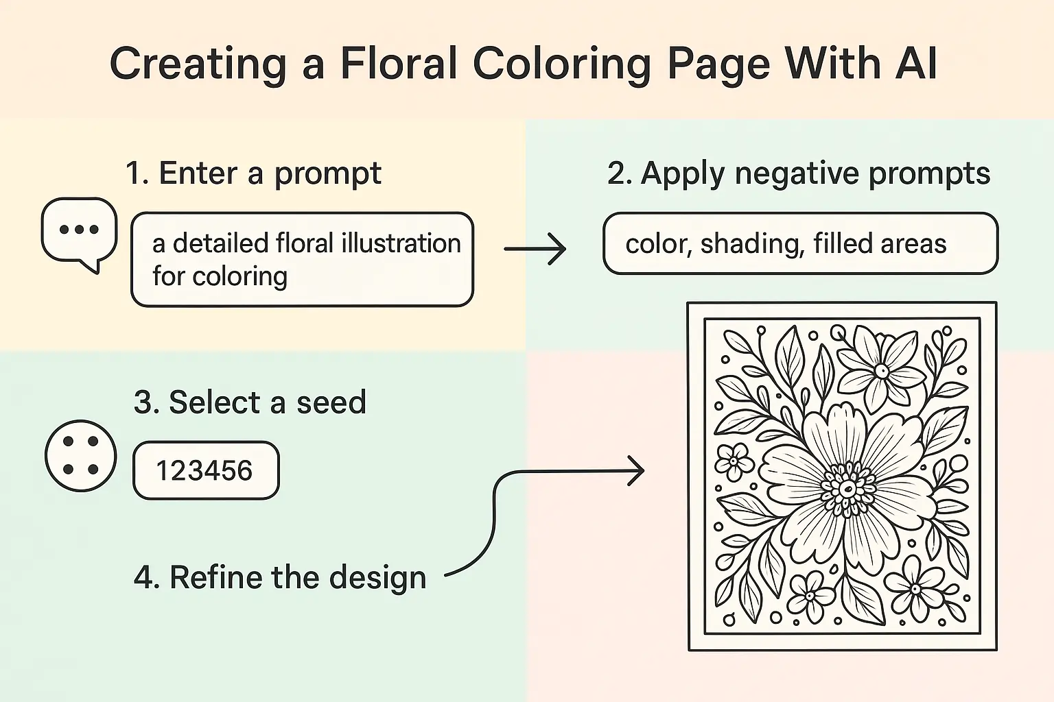 Step-by-step guide for creating a floral coloring page with AI tools: prompt, seed, negative prompts, and refinement.