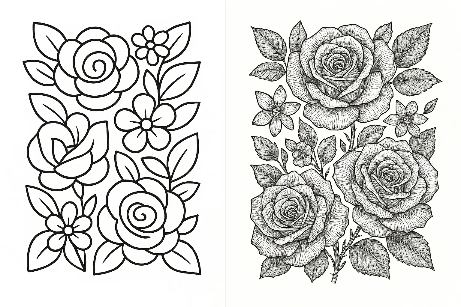 Floral coloring pages for kids (bold lines) and adults (fine cross-hatching).