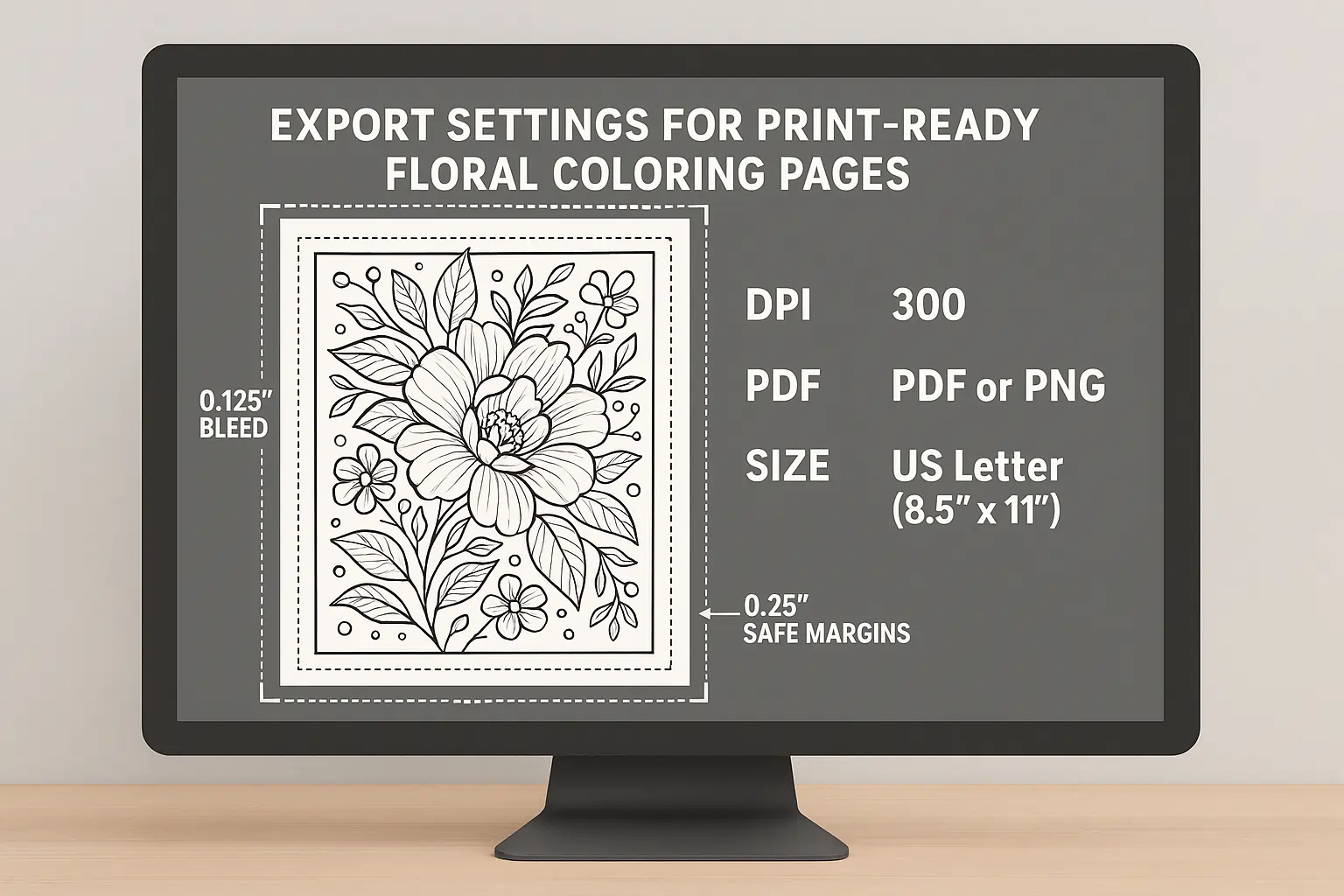 AI floral coloring page export settings for print: 300-DPI, bleed, US Letter size.