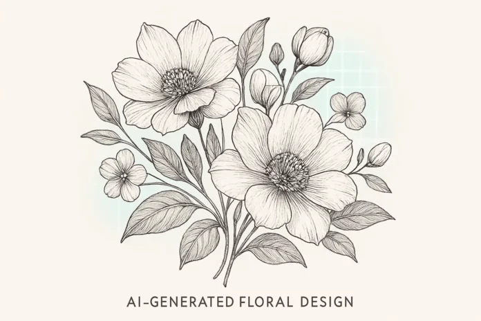 AI-created floral illustration with delicate line art, showcasing beautiful flowers and leaves.