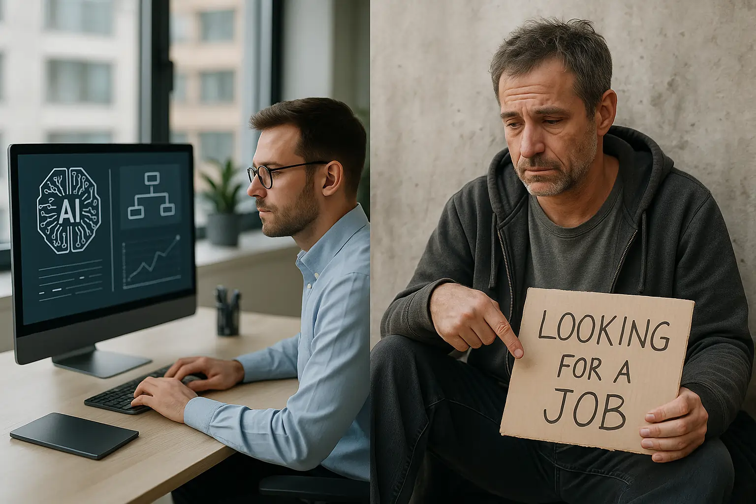 AI-driven economy showing wage growth for skilled workers and challenges for low-wage roles