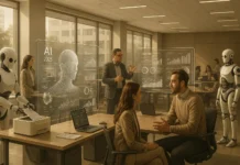 How AI Will Use Humans as Slaves: 2025 Insights & Predictions AI-driven workplace in 2025 with humans and robots collaborating using futuristic holographic dashboards