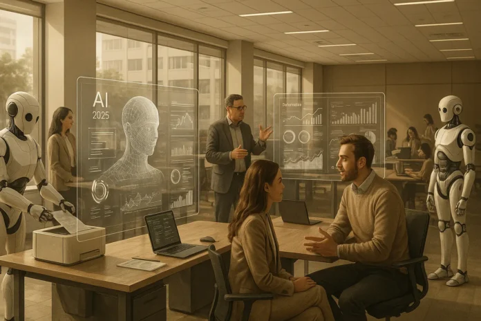 AI-driven workplace in 2025 with humans and robots collaborating using futuristic holographic dashboards
