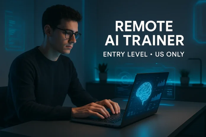 Remote AI Trainer working on laptop with futuristic holographic data overlays in modern home office